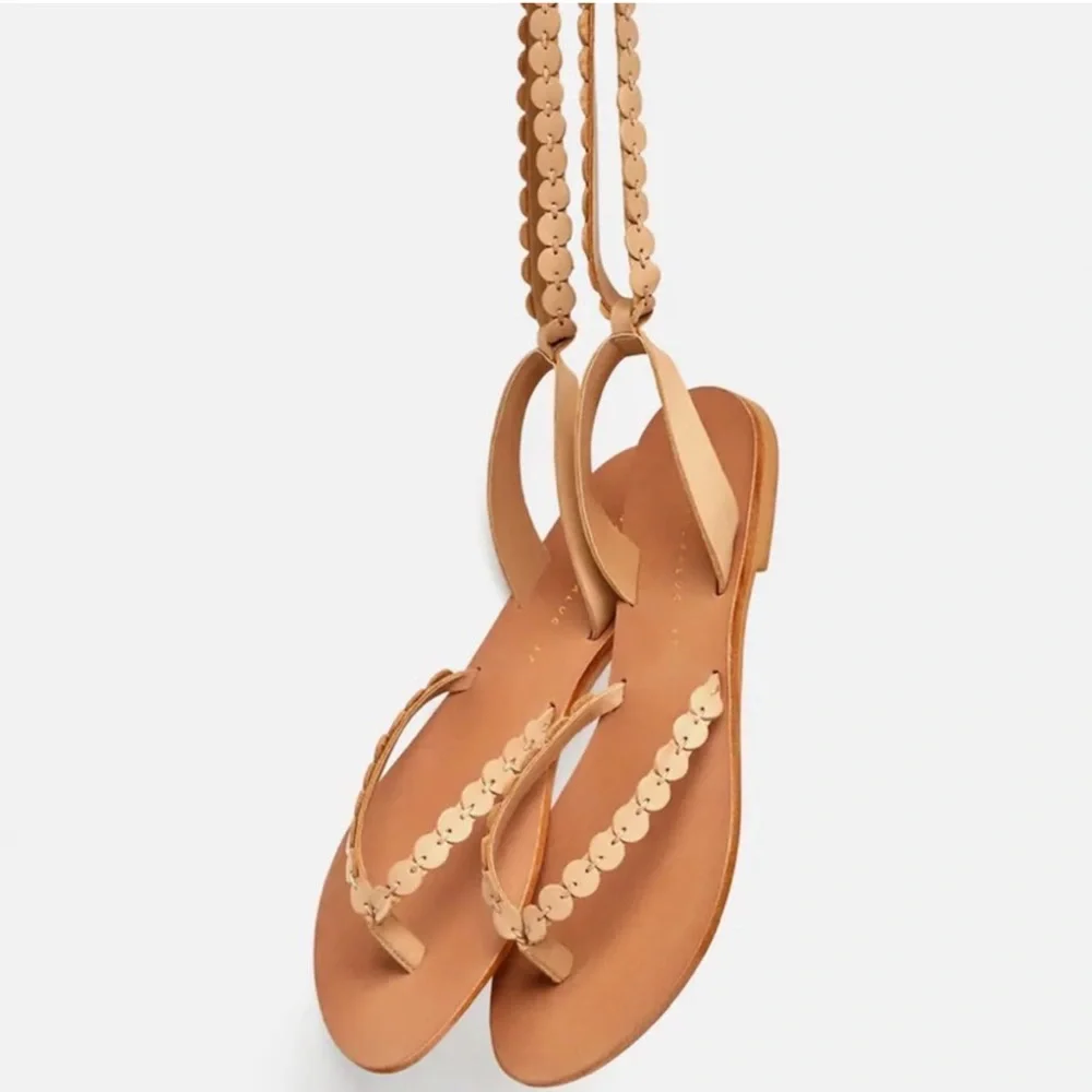 Zara Flat Leather Sandals light tan NWT - Picture 3 of 6